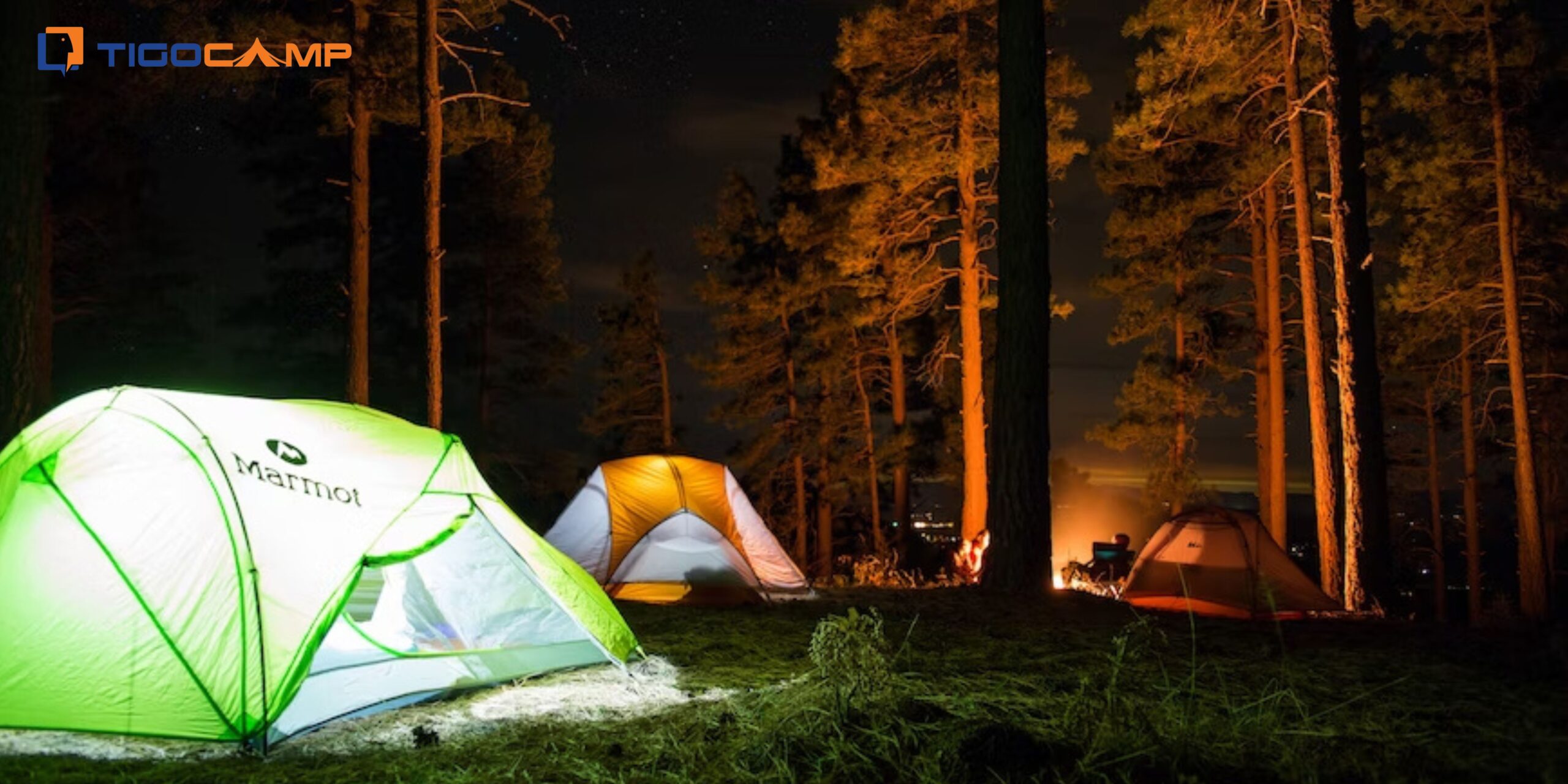 Đèn cắm trại phát sáng trong lều trong 1 khu rừng